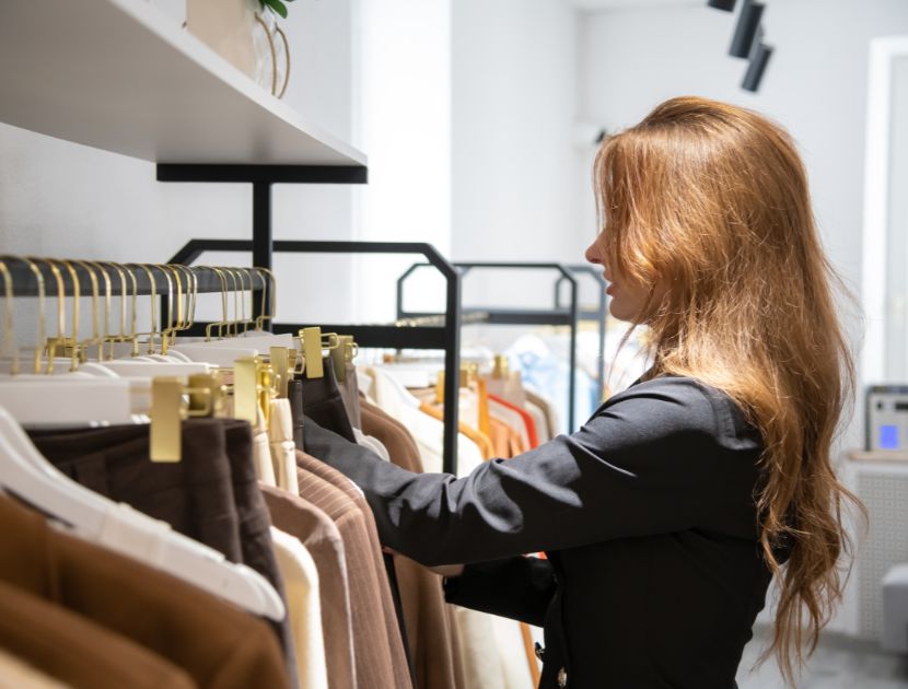 woman browsing clothes rack intentionally to dress for her actual life